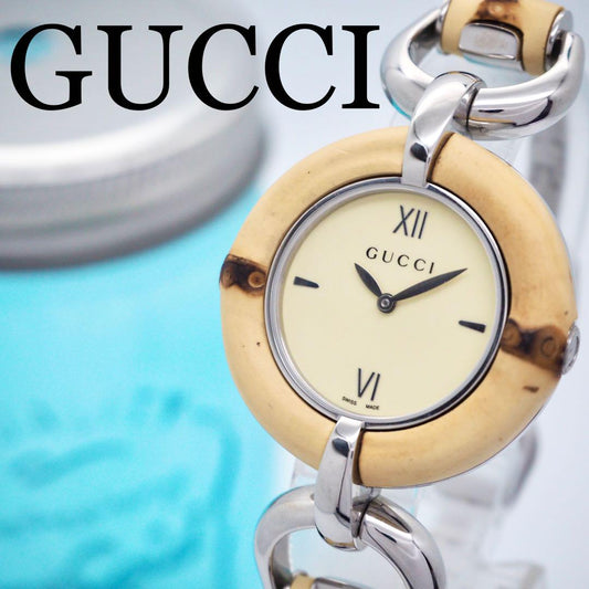 118 Beauty GUCCI Gucci Box Ladies Mens Bamboo Rare Vintage Watch - Cream Beige 36.0mm